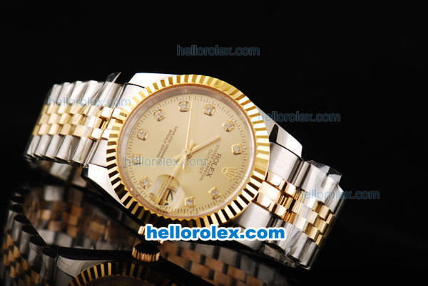 Rolex Datejust Swiss ETA 2836 Automatic Movement 18K Gold Never Fade with Diamonds Markers and Gold Dial-Two Tone - Click Image to Close